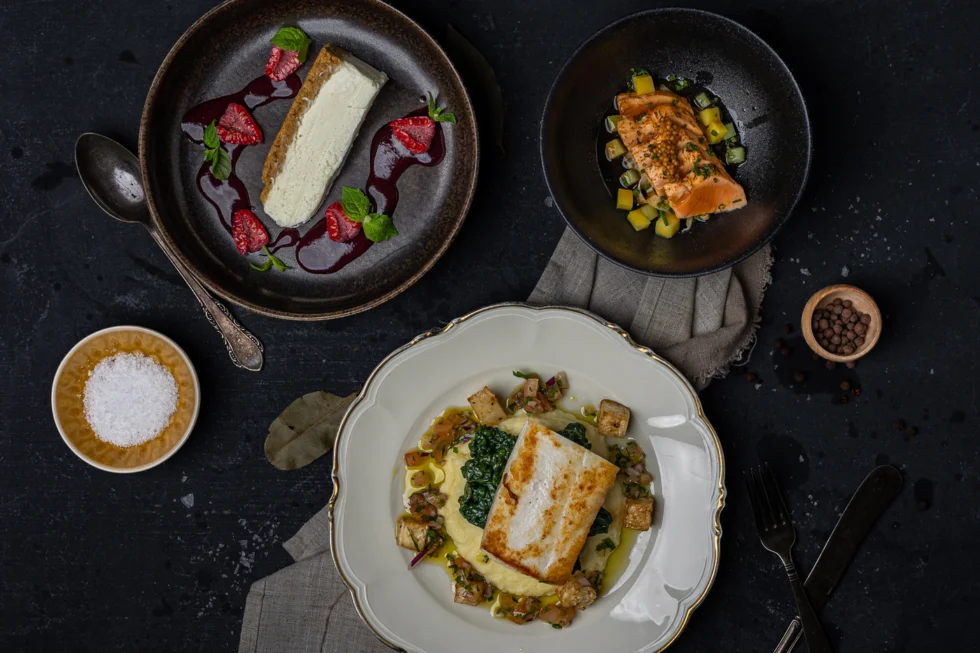 3-retter med laks, steinbit og yuzu cheescake (meny 4)