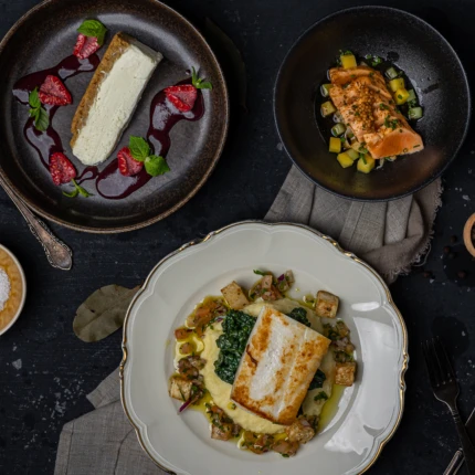 3-retter med laks, steinbit og yuzu cheescake (meny 4)